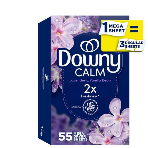 Downy CALM, Mega Dryer Sheets, Laundry Fabric Softener, Lavender and Vanilla Bean, 55 Count