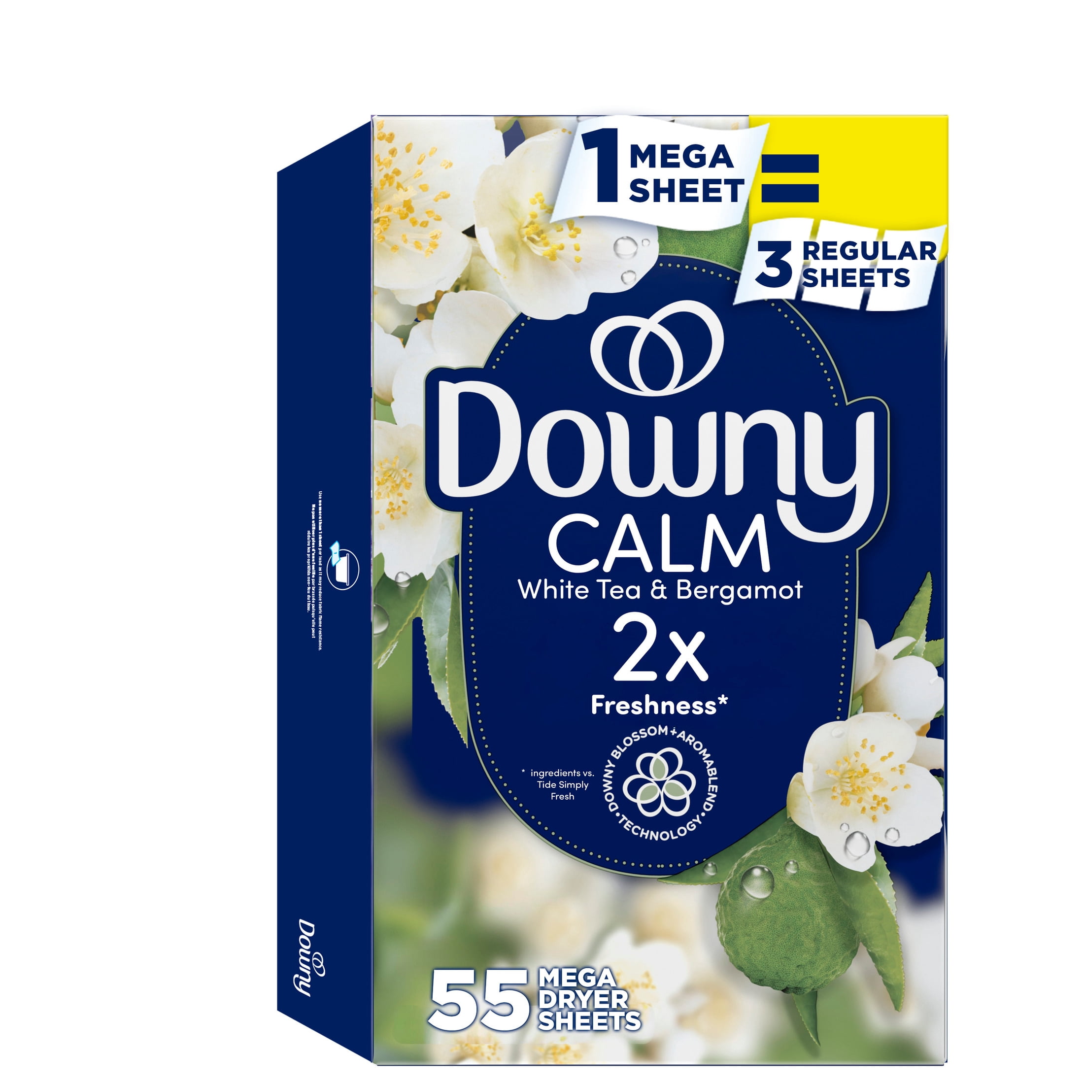 Downy CALM, Mega Dryer Sheets, White Tea & Bergamot, 55 Count