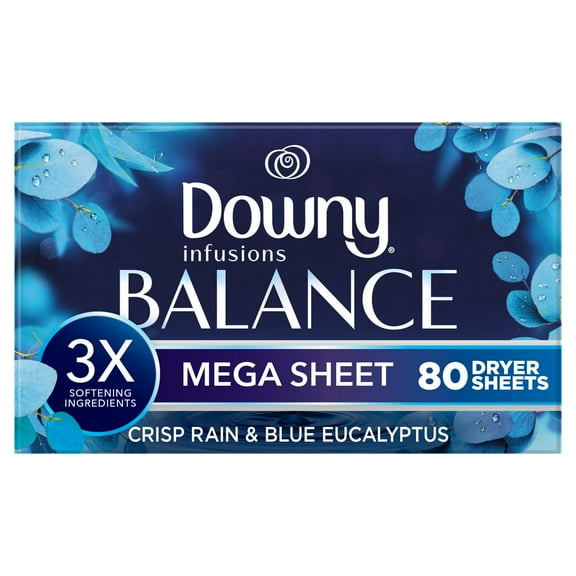 Downy Infusions BALANCE Mega Dryer Sheets Laundry Fabric Softener - Crisp Rain and Blue Eucalyptus -- Pack of 2