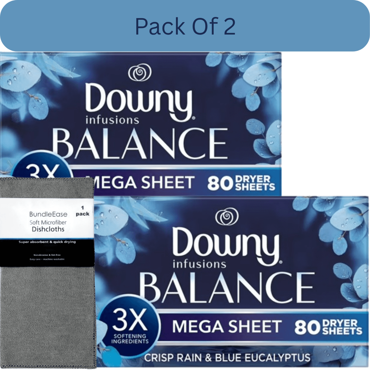 Downy Infusions BALANCE Mega Fabric Softener Dryer Sheets, Crisp Rain & Blue Eucalyptus, 80 Count with Microfiber Solid Color Towel by BundleEase