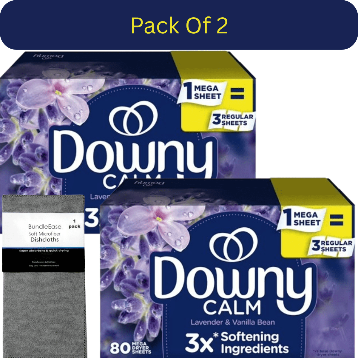 Downy Infusions Calm Dryer Sheets, Mega Size, Lavender & Vanilla Bean Aroma, 80 Count with Microfiber Solid Color Towel by BundleEase