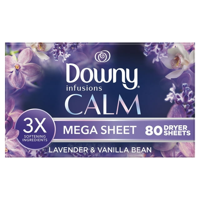 Downy Infusions Calm Mega Dryer Sheets, Lavender and Vanilla Bean Scent, 80 Count