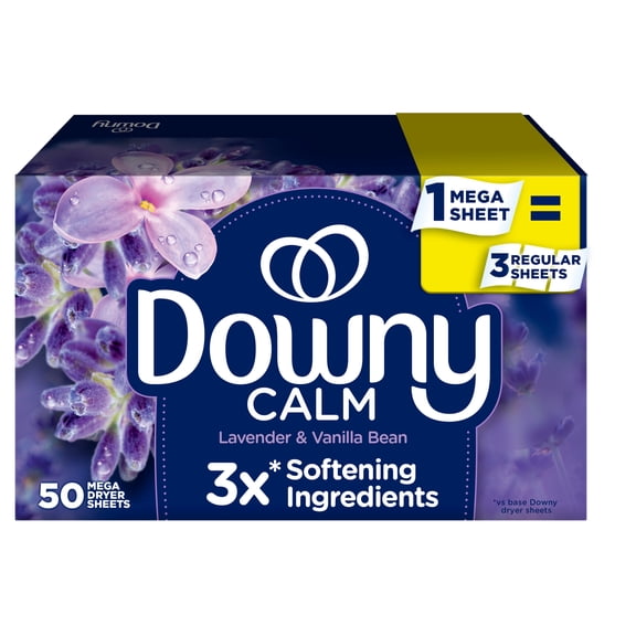Downy Fabric Softener Dryer Sheets, Infusions Calm Lavender and Vanilla Bean Scent, 50 Mega Dryer Sheets