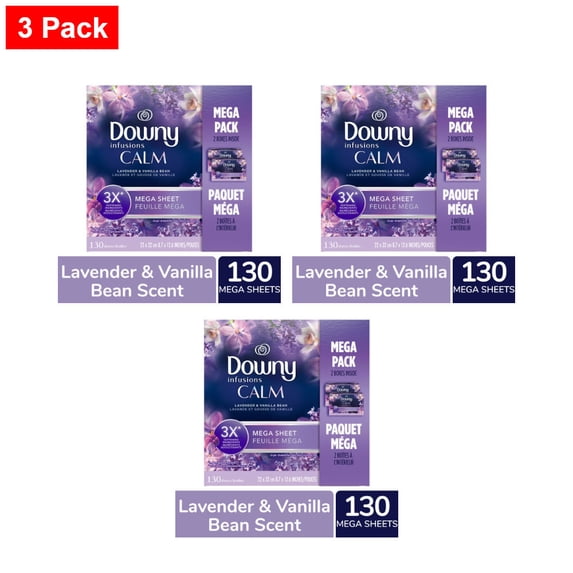 Downy Infusions Lavender & Vanilla Bean Calm Mega Dryer Sheets 130 ct - 3 Pack