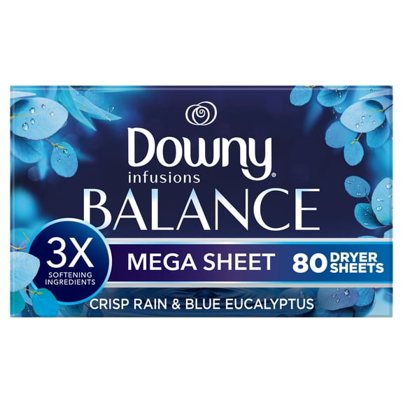 Downy Fabric Softener Dryer Sheets, Infusions Balance Crisp Rain and Blue Eucalyptus Scent, 80 Mega Dryer Sheets