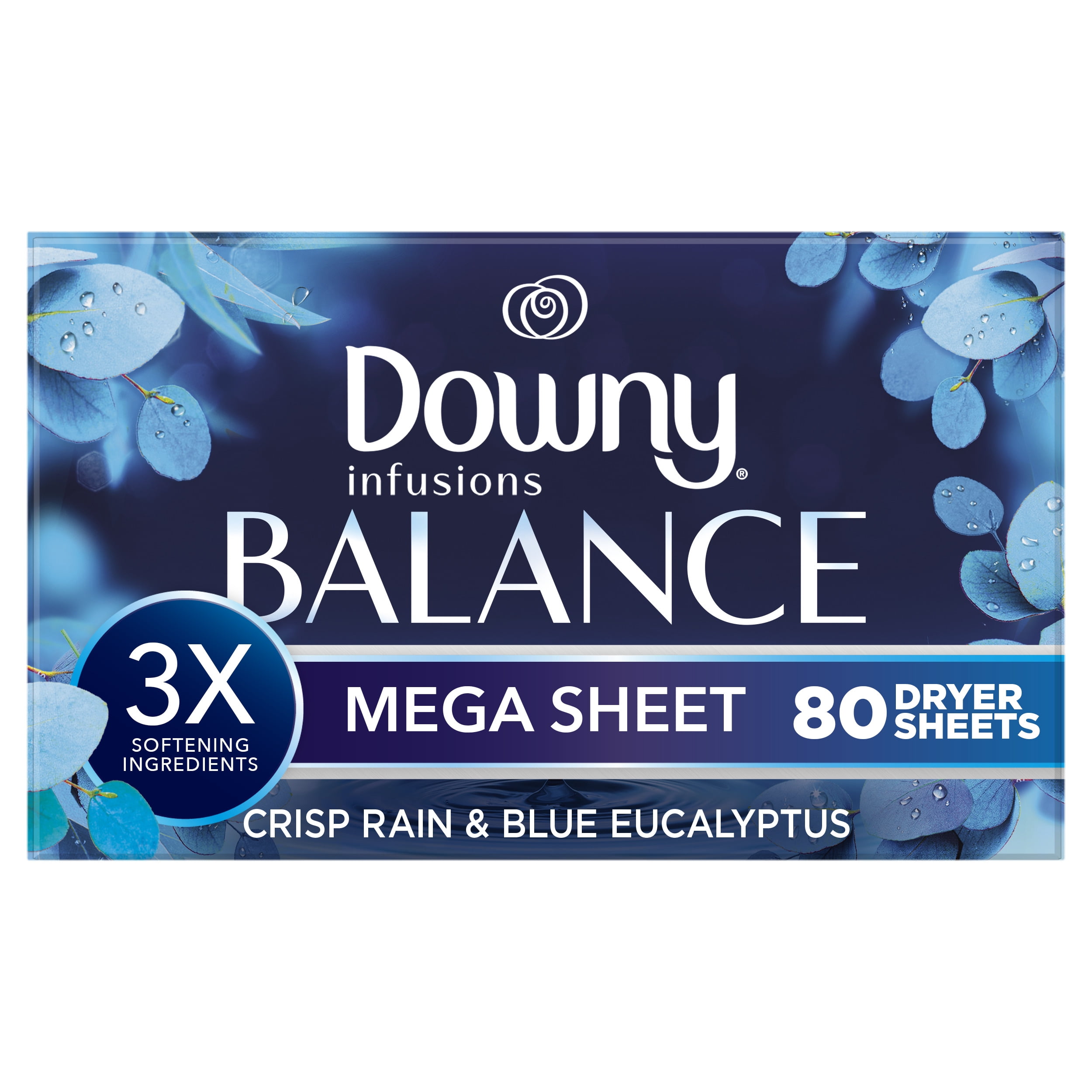 Downy Infusions Mega Dryer Sheets, Balance, Crisp Rain and Blue Eucalyptus, 80 Count