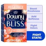 Downy Fabric Softener Dryer Sheets, Infusions Bliss Amber and Rose Scent, 130 Mega Dryer Sheets