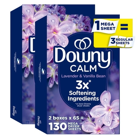 Downy Fabric Softener Dryer Sheets, Infusions Calm Lavender and Vanilla Bean Scent, 130 Mega Dryer Sheets