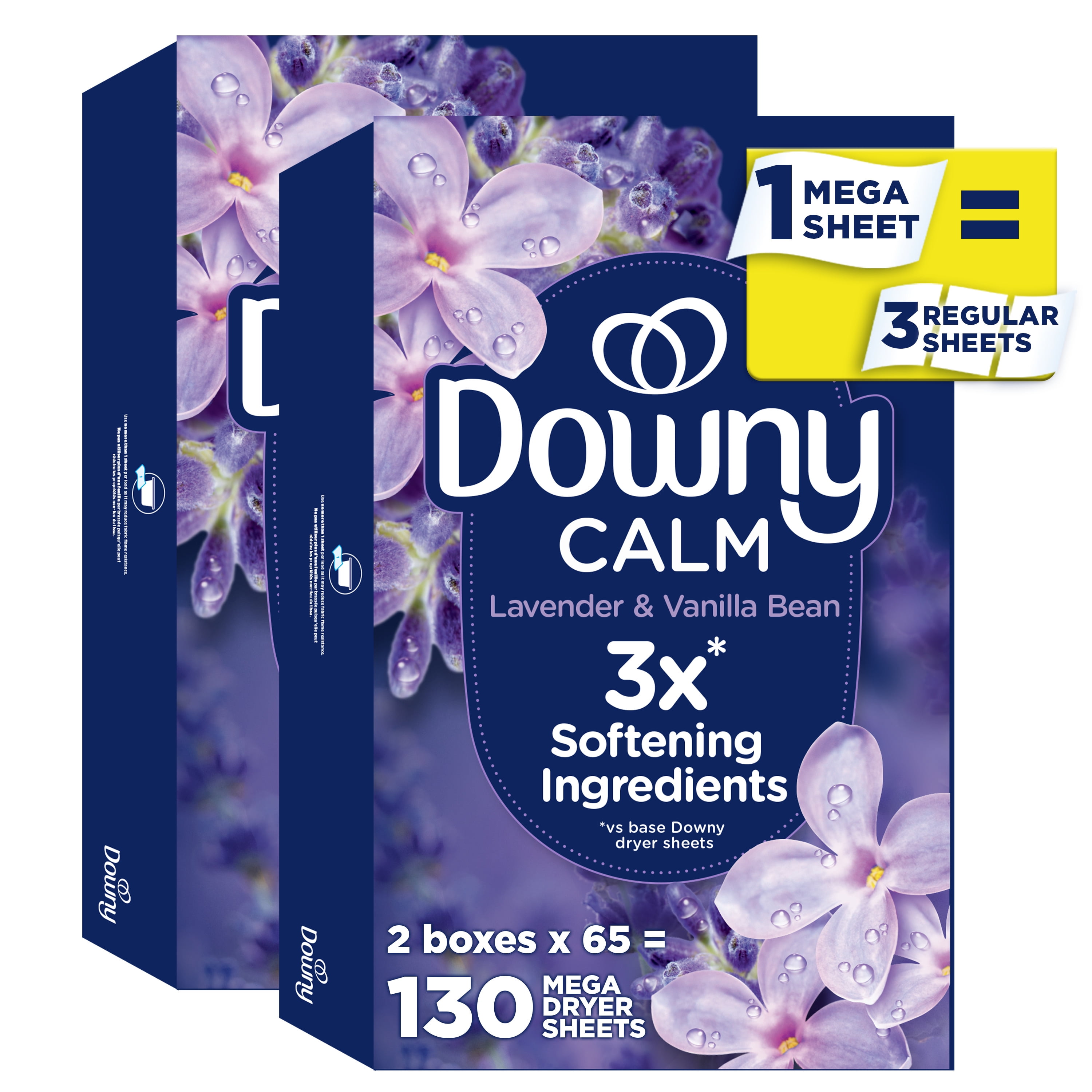 Downy Infusions Calm Mega Fabric Softener Dryer Sheets, Lavender and Vanilla Bean Scent, 130 Count