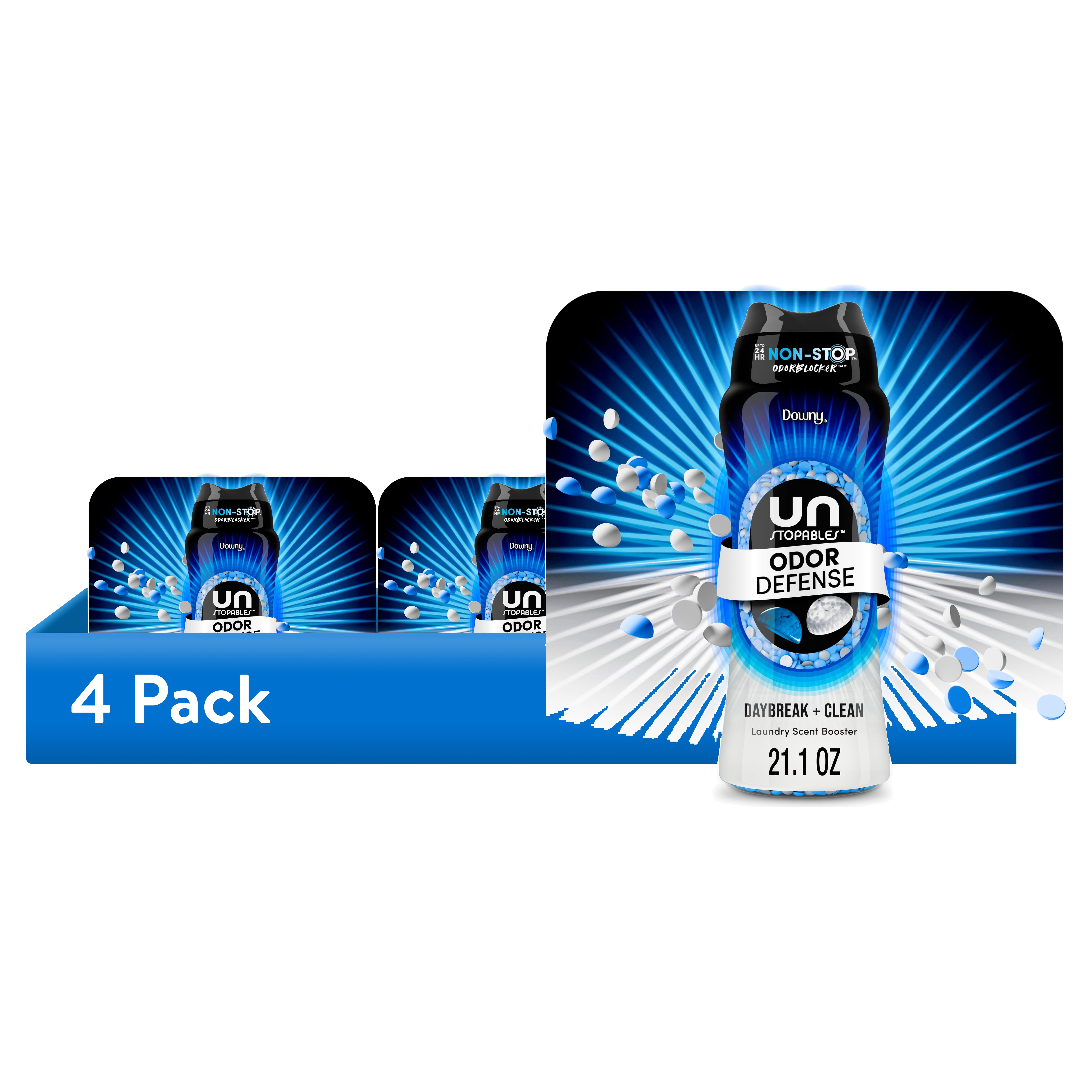 (4 pack) Downy Laundry Scent Beads, Unstopables Fusions Odor Defense In-Wash Scent Booster, Daybreak & Clean Scent, 21.1 oz