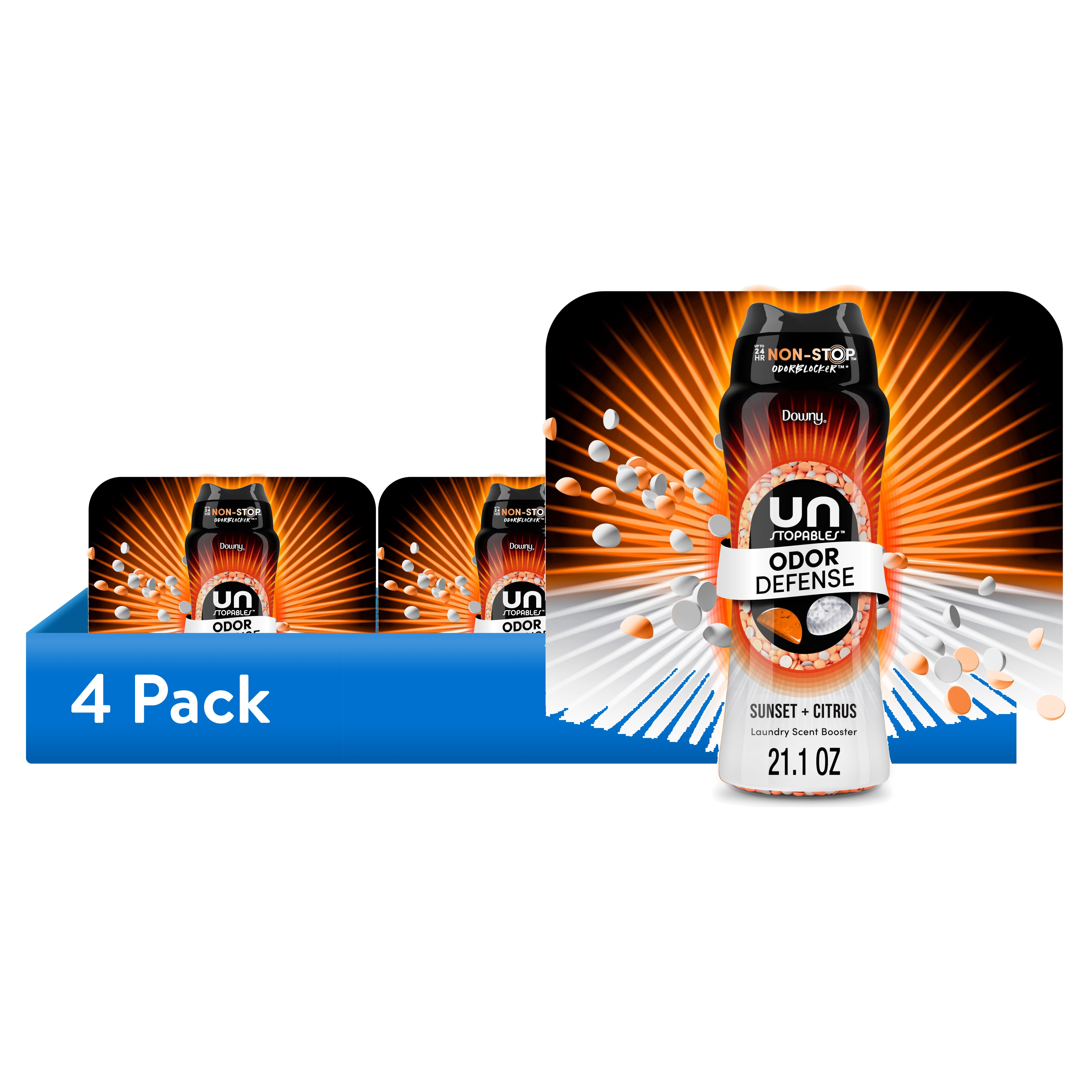 (4 pack) Downy Laundry Scent Beads, Unstopables Fusions Odor Defense In-Wash Scent Booster, Sunset & Citrus Scent, 21.1 oz