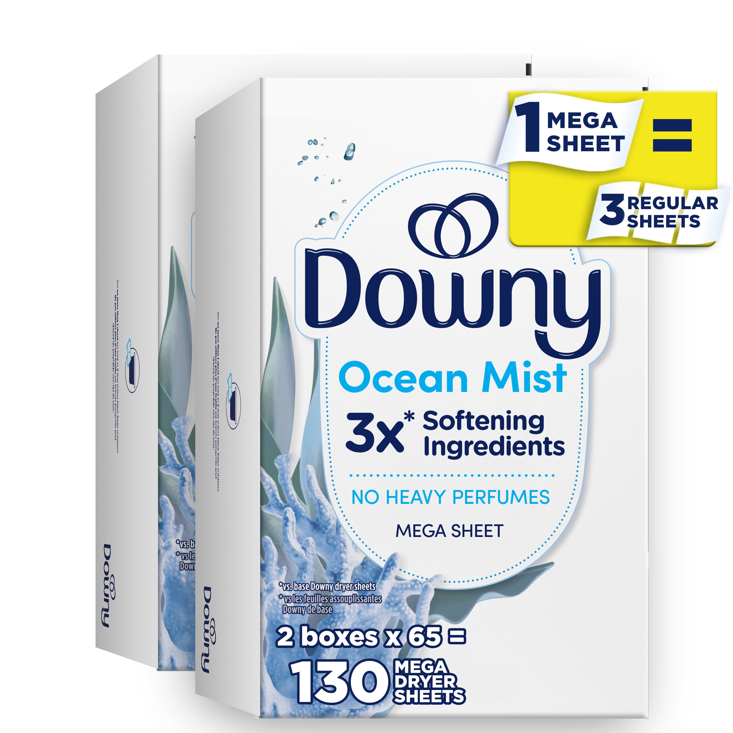 Downy Light Mega Fabric Softener Dryer Sheets, Ocean Mist Scent, 130 Count