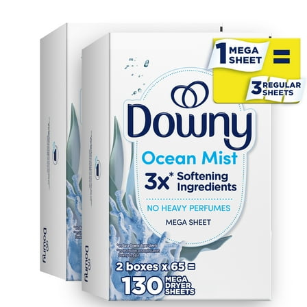 Downy Light Mega Fabric Softener Dryer Sheets, Ocean Mist Scent, 130 Count