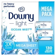 Downy Fabric Softener Dryer Sheets, Light, Ocean Mist Scent, 130 Mega Dryer Sheets