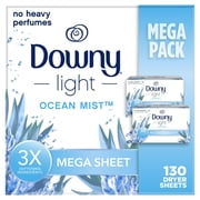 Downy Light Mega Dryer Sheets, Fabric Softener Dryer Sheets, Ocean Mist, 130 Count