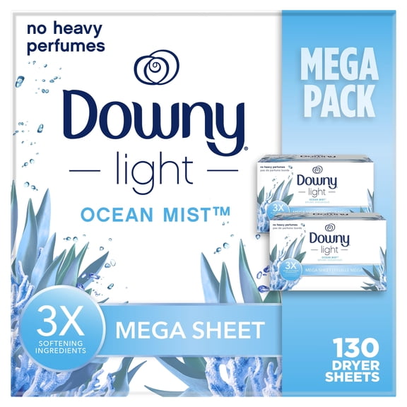 Downy Light Mega Dryer Sheets, Fabric Softener Dryer Sheets, Ocean Mist, 130 Count