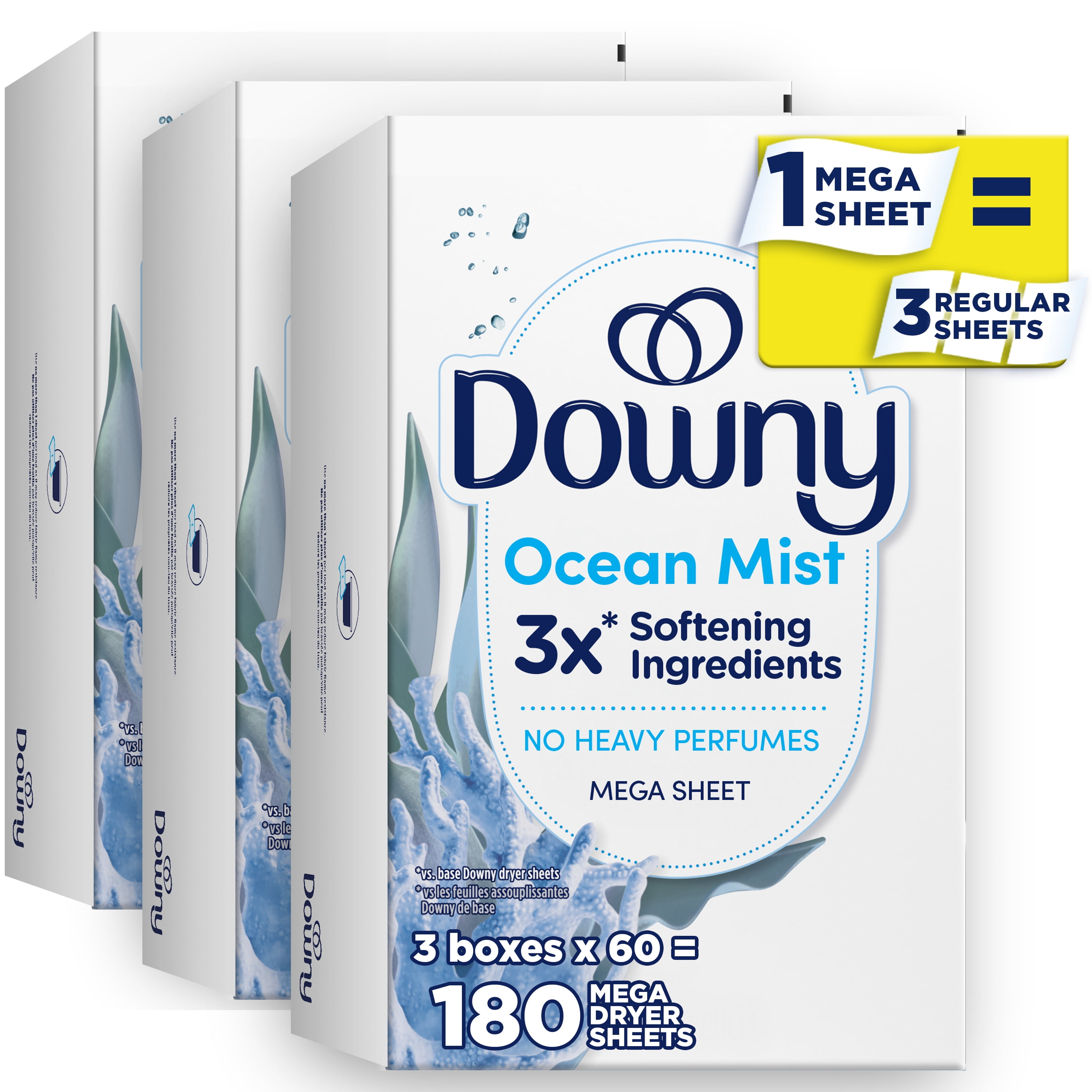 Downy Light Mega Fabric Softener Dryer Sheets, Ocean Mist Scent, 180 Count