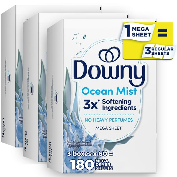 Downy Light Mega Fabric Softener Dryer Sheets, Ocean Mist Scent, 180 Count