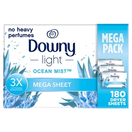 Downy Fabric Softener Dryer Sheets, Light, Ocean Mist Scent, 180 Mega Dryer Sheets