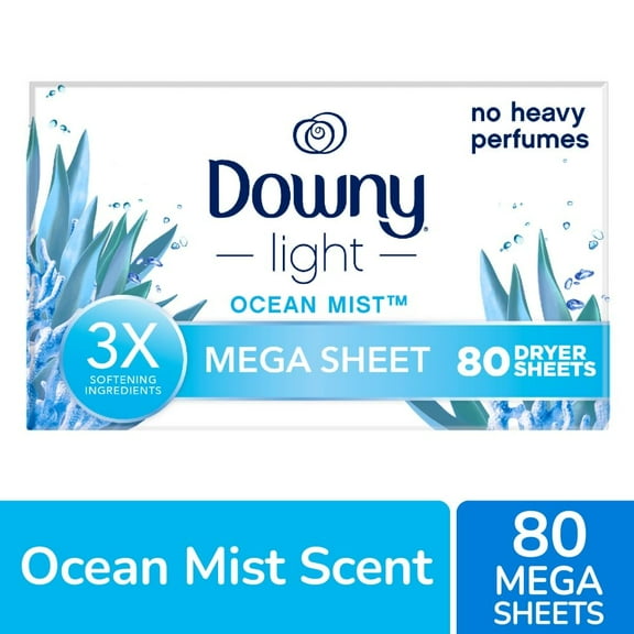 Downy Light Mega Dryer Sheets, Fabric Softener Dryer Sheets, Ocean Mist, 80 Count - Pack of 1