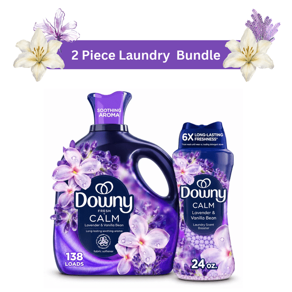 Downy Ultra Soft Liquid Fabric Softener, Calm Lavender & Vanilla Bean, 93 fl oz, 138 Loads with Downy Infusions Calm In-Wash Laundry Scent Booster Beads, 24 oz, 2-Piece Laundry Bundle