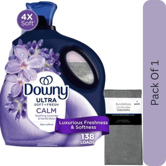 Downy Ultra Soft Liquid Fabric Softener, Calm Lavender & Vanilla Bean, 93 fl oz, 138 Loads with Microfiber Solid Color Towel by BundleEase