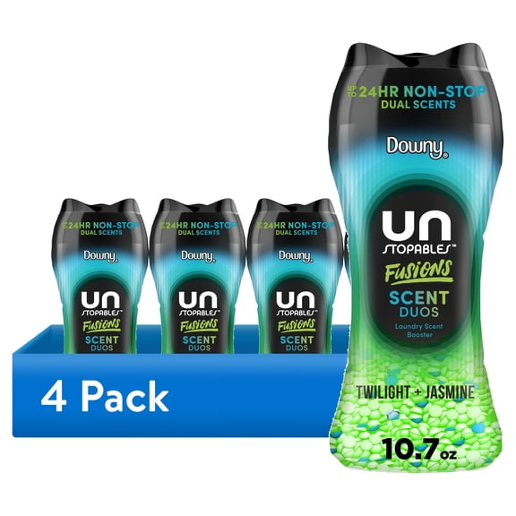 (4 pack) Downy Unstopables Fusions In-Wash Laundry Scent Booster Beads, Twilight and Jasmine Scent, 10.7 oz, 2-in-1 All Day Freshness