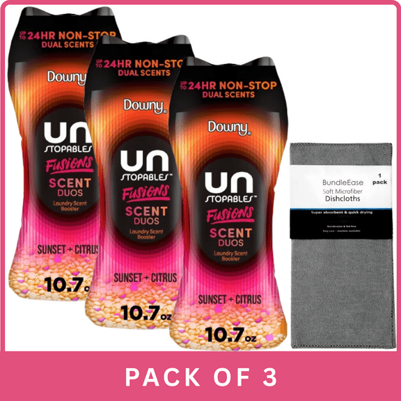 Downy Unstopables Fusions Sunset + Citrus Laundry Additive Beads-10.7oz-3pk, With Microfiber Solid Color Towel By BundleEase