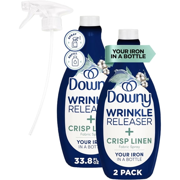 Downy Wrinkle Releaser Spray, All In One Formula, Removes Wrinkles, Static and Odor Eliminator, Crisp Linen Scent, 33.8 Fl Oz, Pack of 2