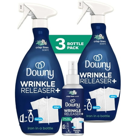 Downy Wrinkle Releaser Spray, Travel Size Spray + 16.9 Fl Oz Pack of 2, All In One Formula, Removes Wrinkles, Static and Odors, Crisp Linen Scent
