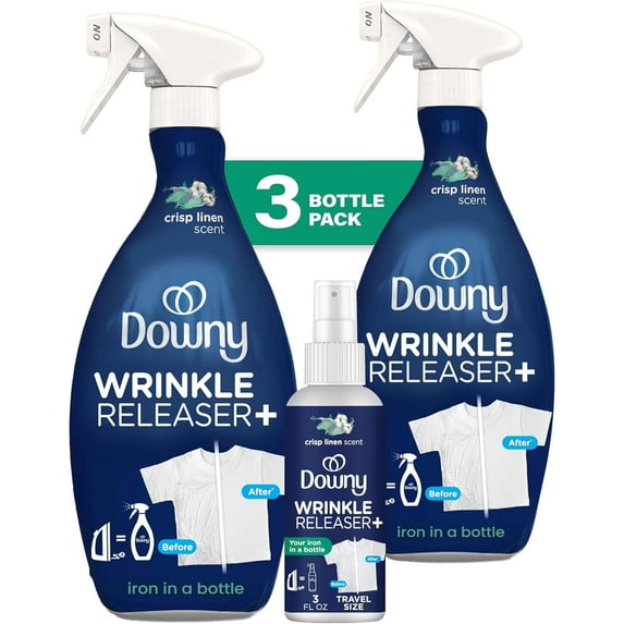 Downy Wrinkle Releaser Spray, Travel Size Spray + 16.9 Fl Oz Pack of 2, All In One Formula, Removes Wrinkles, Static and Odors, Crisp Linen Scent