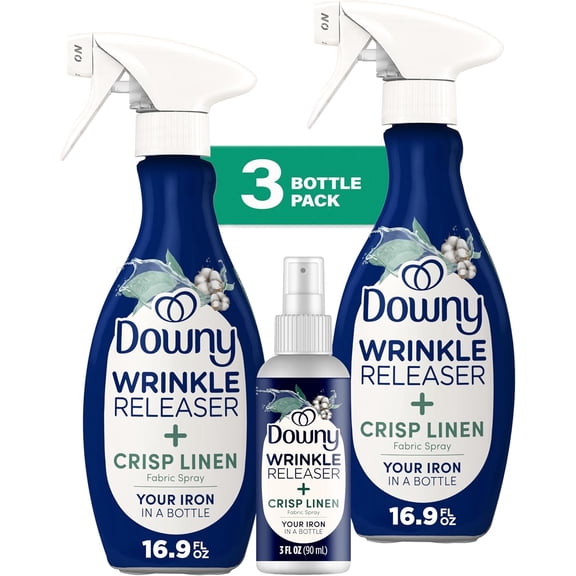 Downy Wrinkle Releaser Spray, Travel Size Spray + 16.9 Fl Oz Pack of 2, All In One Formula, Removes Wrinkles, Static and Odors, Crisp Linen Scent