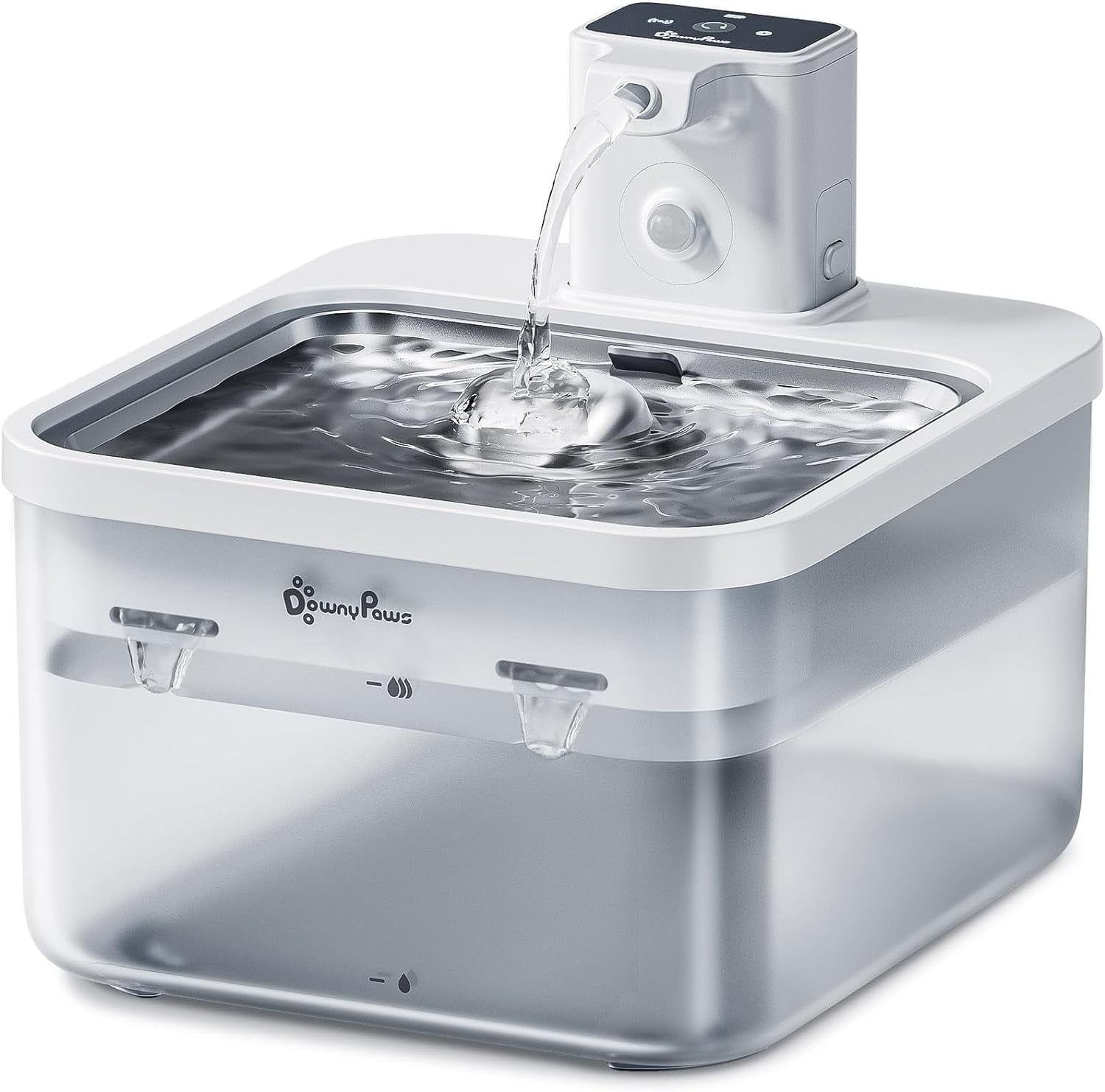 DownyPaws Wireless Stainless Steel 2.5L/84oz Cat Water Fountain, Battery Operated Pet Water Dispenser, White