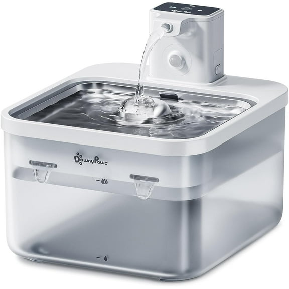 DownyPaws Wireless Stainless Steel 2.5L/84oz Cat Water Fountain, Battery Operated Pet Water Dispenser, White