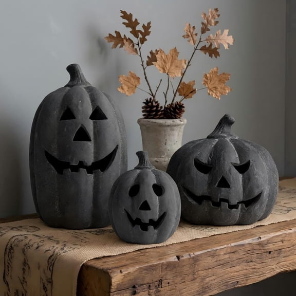 DoxQcs Black Handmade Resin Jack-O-Lantern Pumpkin, Vintage Farmhouse Halloween Decor for Home Front Porch Desk