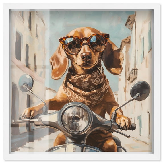 Doxxie on a Scooter Drive Shadowbox Print Cute Wall Decor by Art Remedy, White Frame, 40 x 40