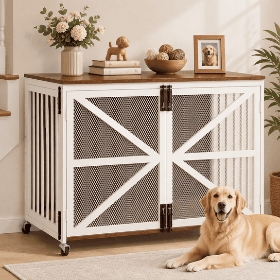 Doyolan 39.4" Large Dog Crate Furniture with 3 Doors, Wooden Indoor Dog Kennel with Lockable Wheels and Metal Mesh Panels, Pet Cage End Table for Home