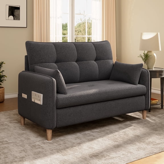 Doyolan 47" Loveseat Sofa Couch, Modern Mini Couch for Apartment and Bedroom, Machine Washable Removable Cover with Pocket Design, Dark Grey