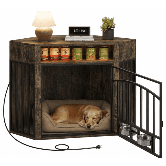 Doyolan 52"Corner Dog Crate Furniture with LED Light & Power Outlets, Heavy Duty Dog Kennel with 360°Dog Bowl, End Table Dog Cage for Medium & Large Dogs - Rustic Brown