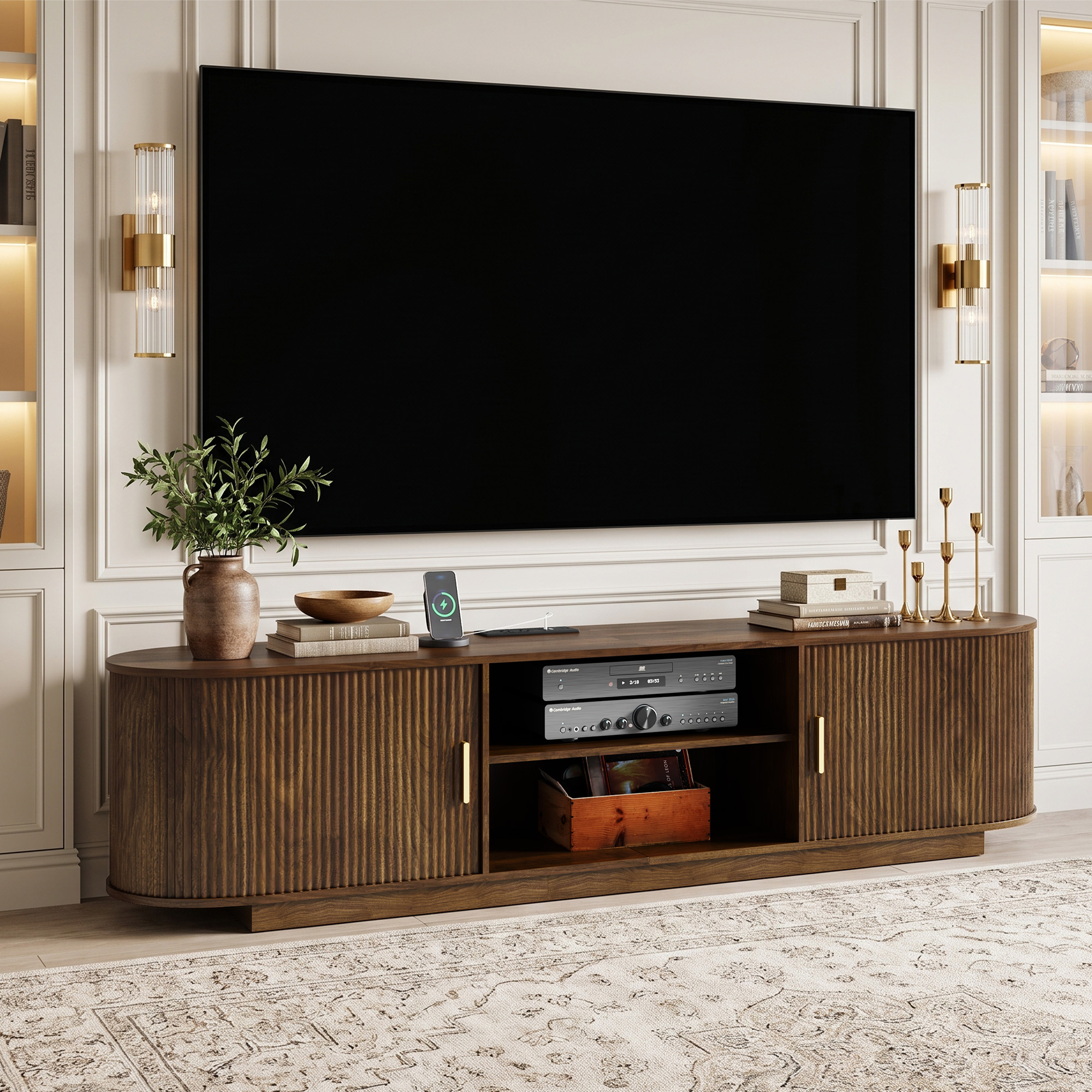 Doyolan 55" Fluted TV Stand with Power Outlet, Mid-Century Modern TV Console with 2 Sliding Tambour Doors, Wood Entertainment Center with Storage Shelves, USB & Type-C Charging Station, Walnut