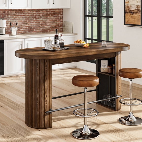 Doyolan 59'' Farmhouse Bar Table with Storage Shelves, Counter Height Pub Table with Footrest, Oval Home Bar Table for Kitchen Dining Room, Walnut