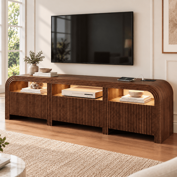Doyolan 70" Fluted TV Stand for TVs up to 80", Entertainment Center with Charging Station and RGB LED Lights, Media Console with 1 Drawer, Storage Cabinets, Walnut