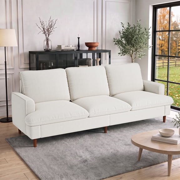 Doyolan 89.8" 3-Seater Sofa Couch for Living Room, Large Upholstered Sofa with 3 Wide Seats, Soft Cushions and Solid Wood Legs - White