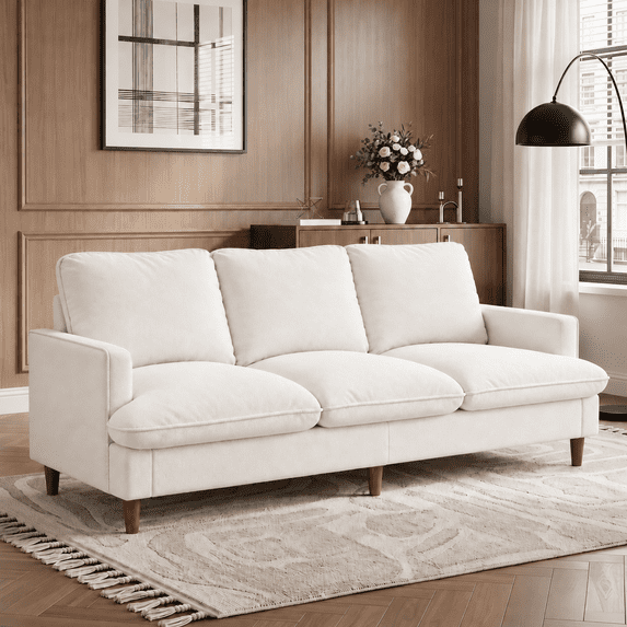 Doyolan 89.8" 3-Seater Sofa Couch for Living Room, Large Upholstered Sofa with 3 Wide Seats, Soft Cushions and Solid Wood Legs - White
