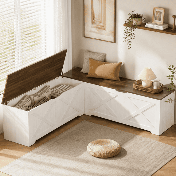 Doyolan L-Shaped Wood Farmhouse Storage Chest,Nook Corner Bench with Storage - White & Walnut