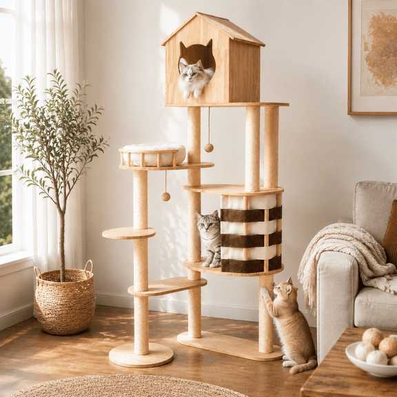 Doyolan Large Wooden Cat Tree for Indoor Cats, 64 Inch Multi-Level Cat Tower with Cat House, Scratching Posts, Resting Perches and Activity Center