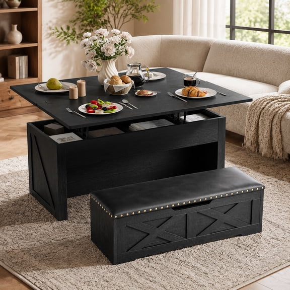 Doyolan Lift Top Coffee Table Set, 40'' Multi-Function Coffee Table with Ottoman Bench on Wheels and Hidden Compartment,Center Table with Bench for Living Room