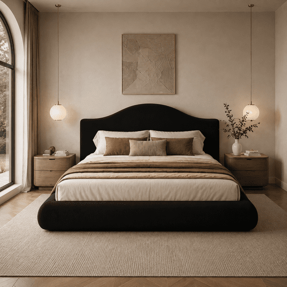 Doyolan Queen Cloud Bed Frame with 5.12" Thick Curved Headboard, Upholstered Platform Bed Frame, Modern Low Profile Bedroom Furniture, Box Spring Not Included, Black