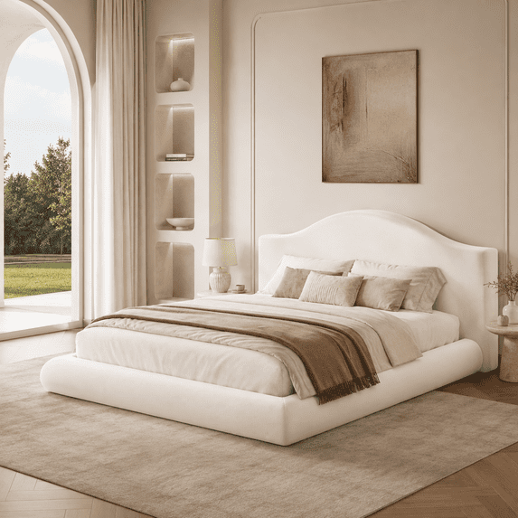 Doyolan Queen Cloud Bed Frame, Modern Chenille Upholstered Platform Bed Frame with Curved Wingback Headboard, Thick Soft Cushion Design, Low Profile Bedroom Furniture, White,Not Include Box Spring