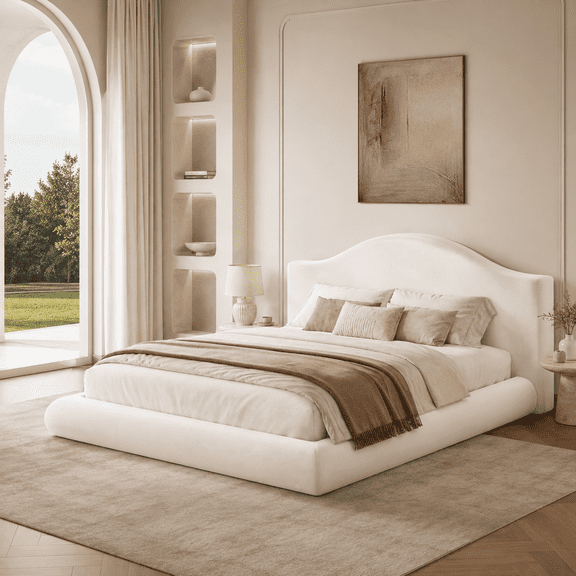 Doyolan Queen Cloud Bed Frame, Modern Chenille Upholstered Platform Bed Frame with Curved Wingback Headboard, Thick Soft Cushion Design, Low Profile Bedroom Furniture, White,Not Include Box Spring